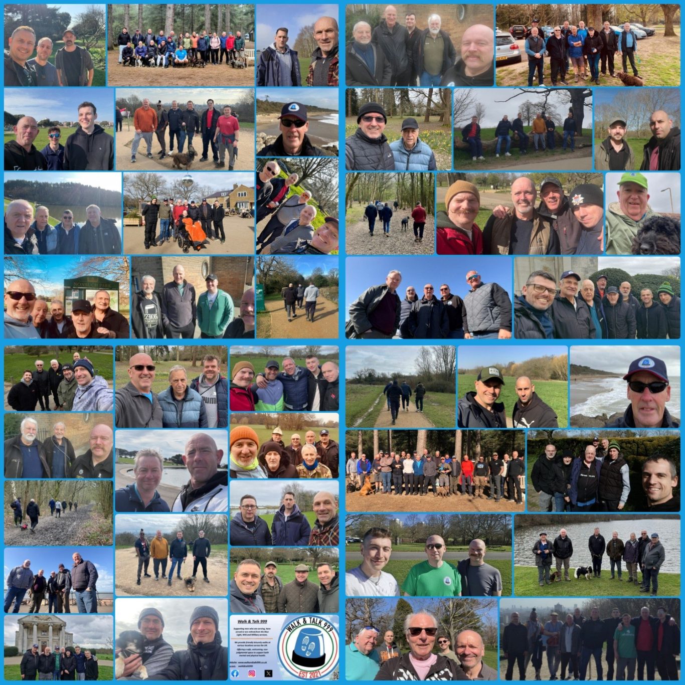 Ten men facing the camera smiling in the park, in front of the country house